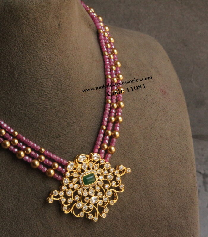 Kundan pendant with real cz beads and gold sarvoski pearls