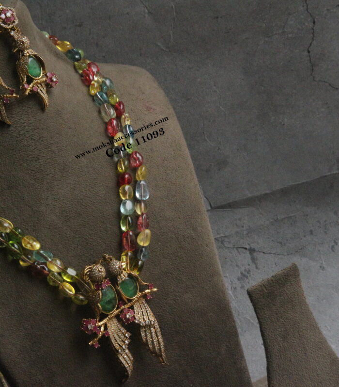 CZ bird pendant set with natural multicolor beads mala