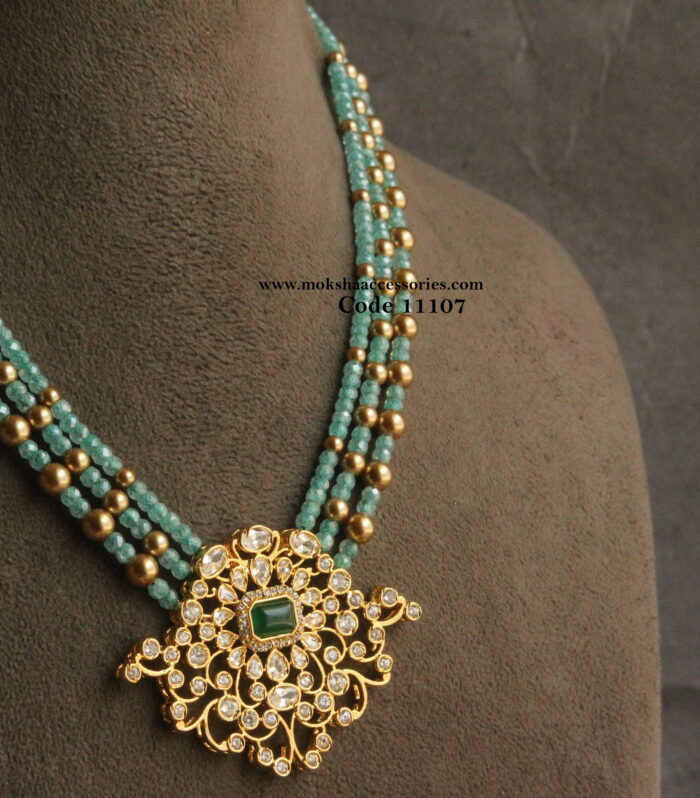 Kundan pendant with real cz beads and gold sarvoski pearls