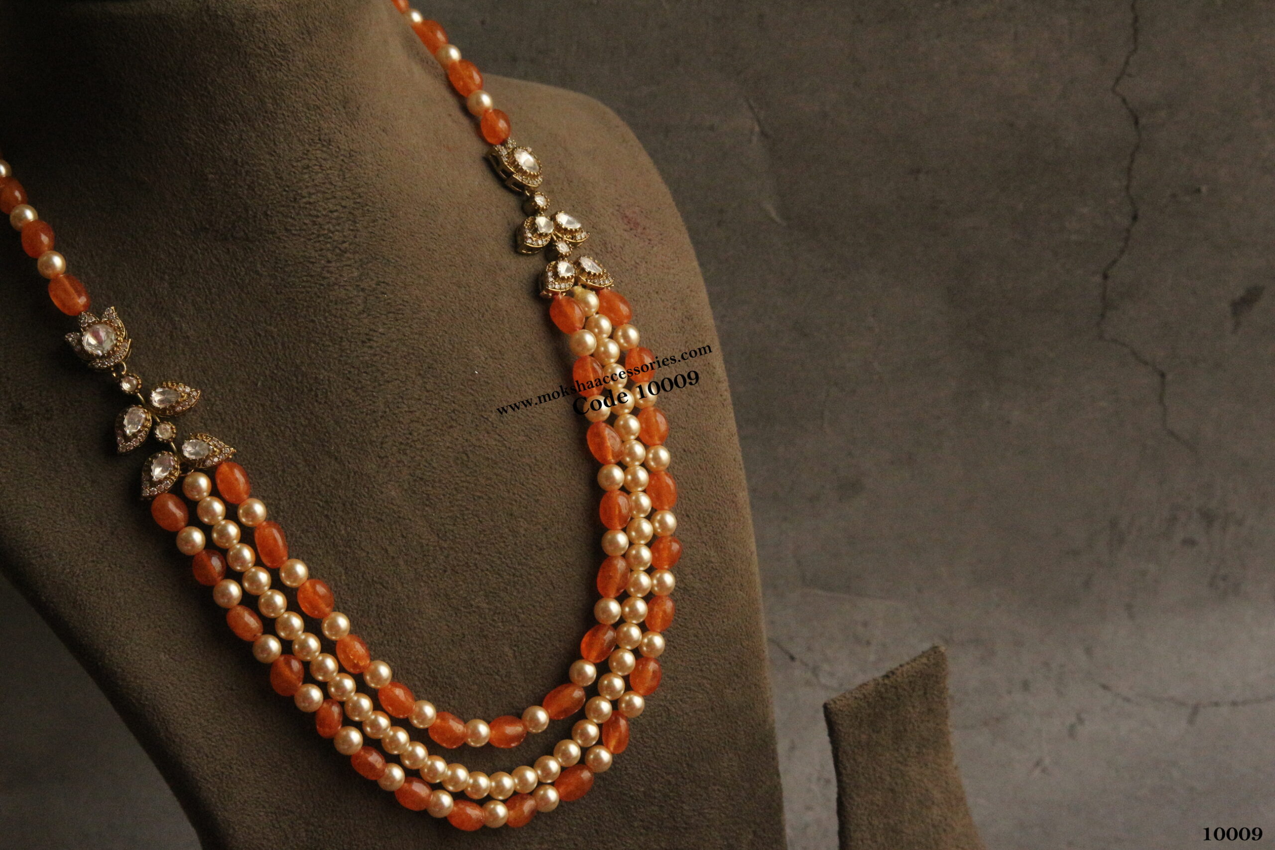 10009-scaled-1.jpg Mozonite Stone Pendants with Onyx Orange Beads and Swarovski Pearls - Image 1