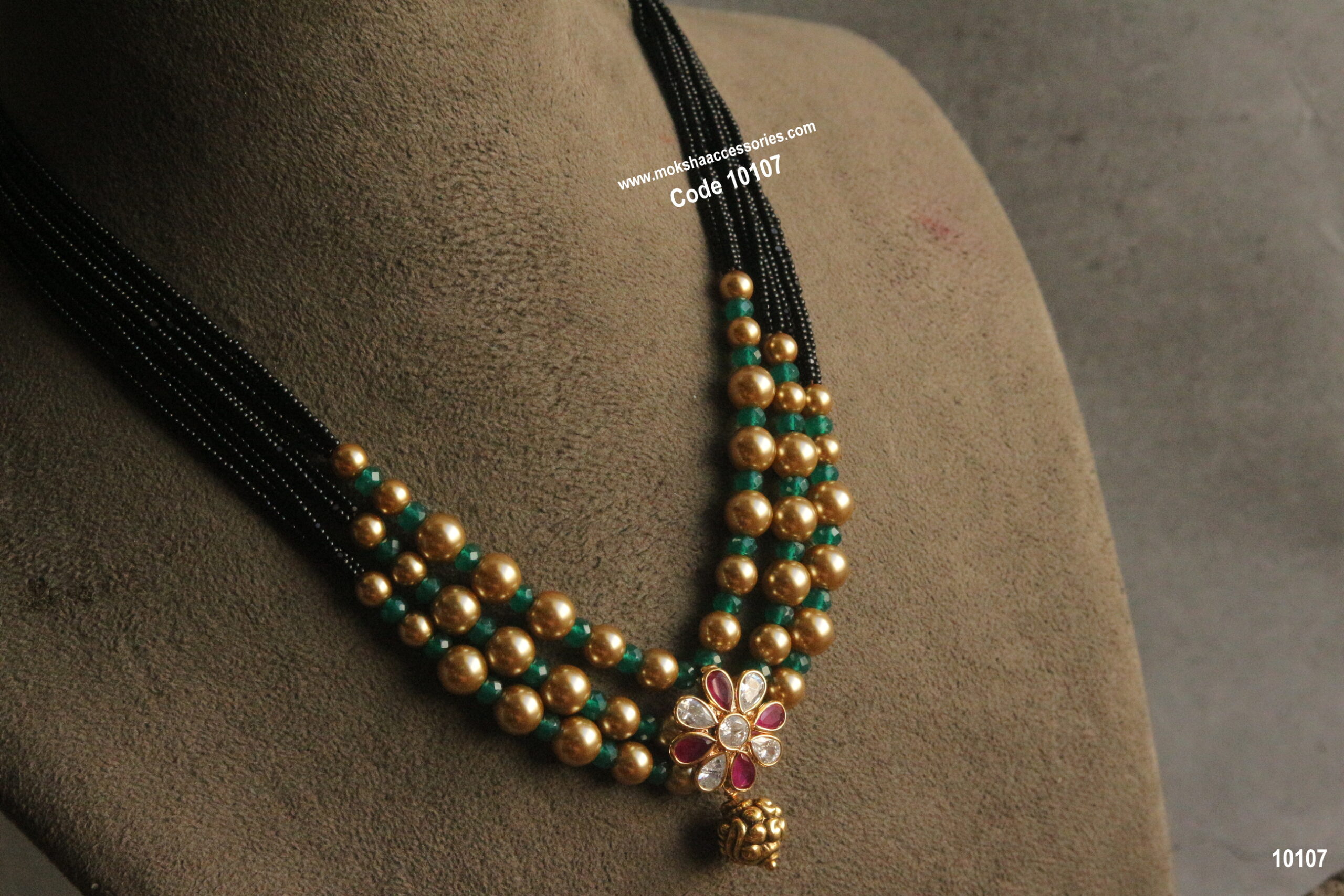 10107-scaled-1.jpg CZ Pendant with Black Beads, Emerald Beads and Swarovski Gold Pearls - Image 1