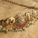 Nakshi Gold Ruby and Emerald Stone Baju Band with Rice Pearl Drops and Adjustable Chain