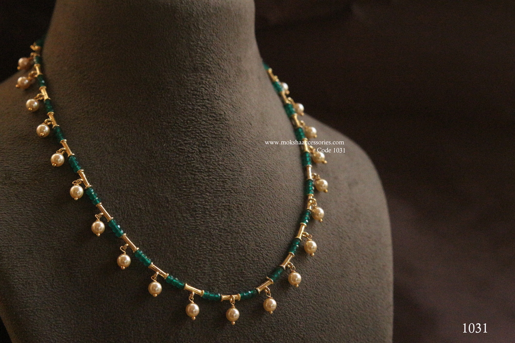1031.jpg Green Beads Mala with Swarovski Pearl - Image 1