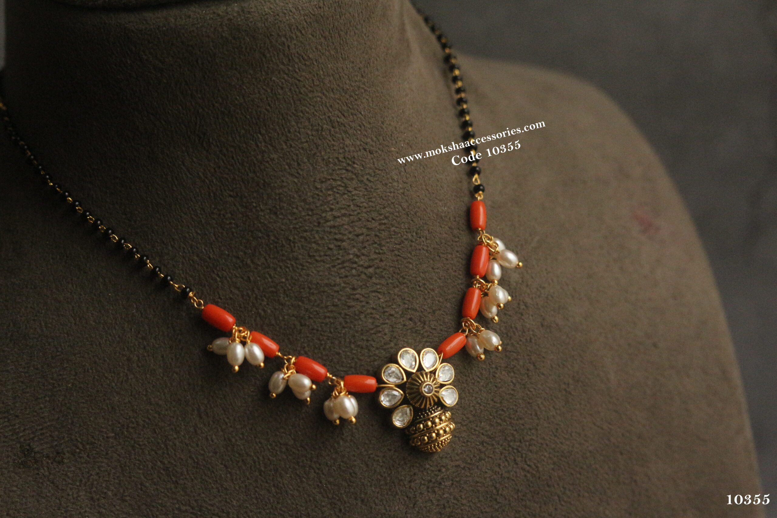 10355-scaled-1.jpg Mozonite Stone Pendant with Corals, Pearls and Black Beads - Image 1
