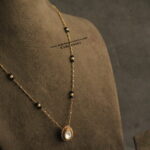 Mozonite Stone Pendant with Gold Chain, Black Beads and Swarovski Pearls
