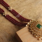 Polki Emerald Stone Pendant with Ruby Maroon Beads and CZ Flower Pendants