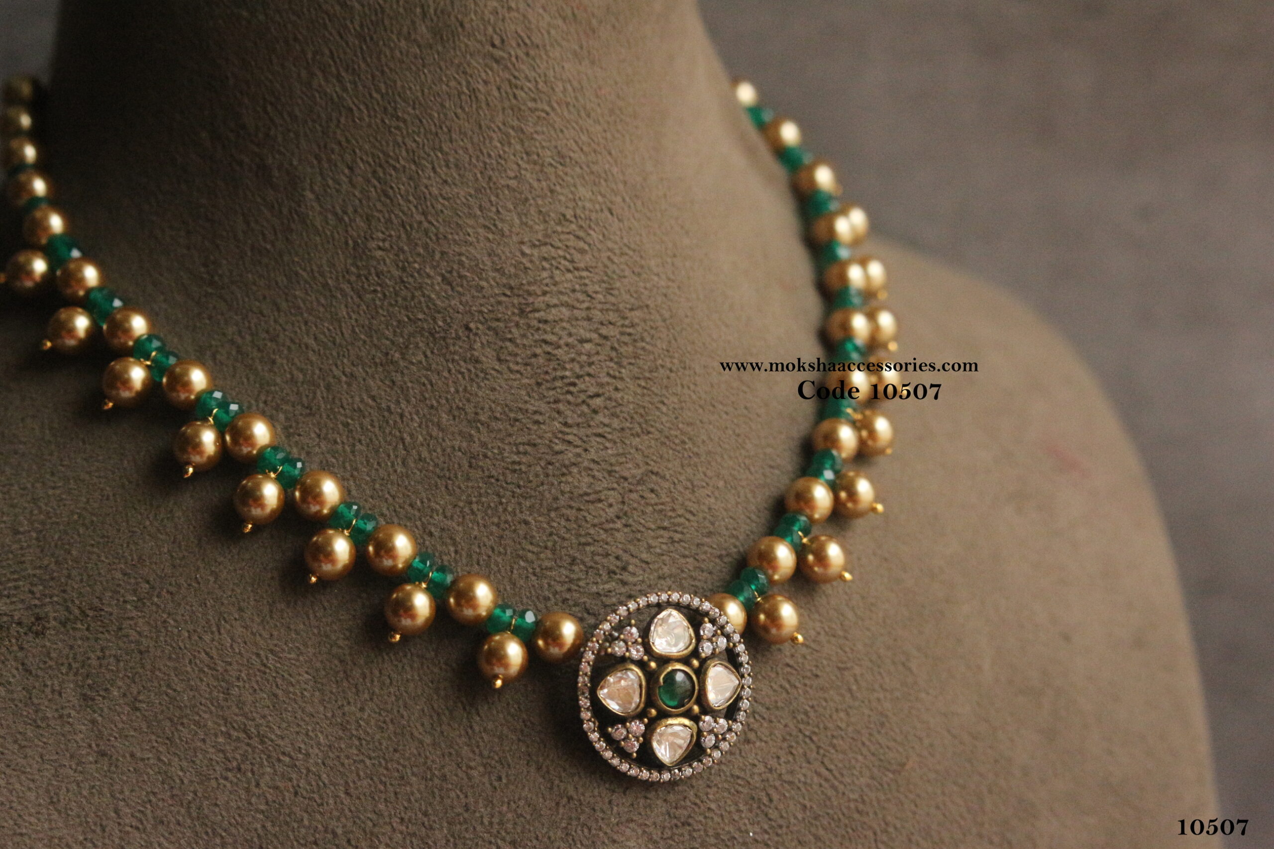 10507-scaled-1.jpg Victorian Pendant with Emerald and Gold Swarovski Pearls - Image 1