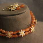 CZ Flower Pendants with Orange Onyx Beads Choker Set with Earrings