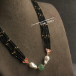 Black Beads with Jadaukundan Pendants, Russian Emerald Pumpkin Bead and Baroque Pearls