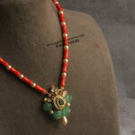 CZ Emerald Stone Pendant with Pumpkin Beads , Swarovski Pearls and Corals