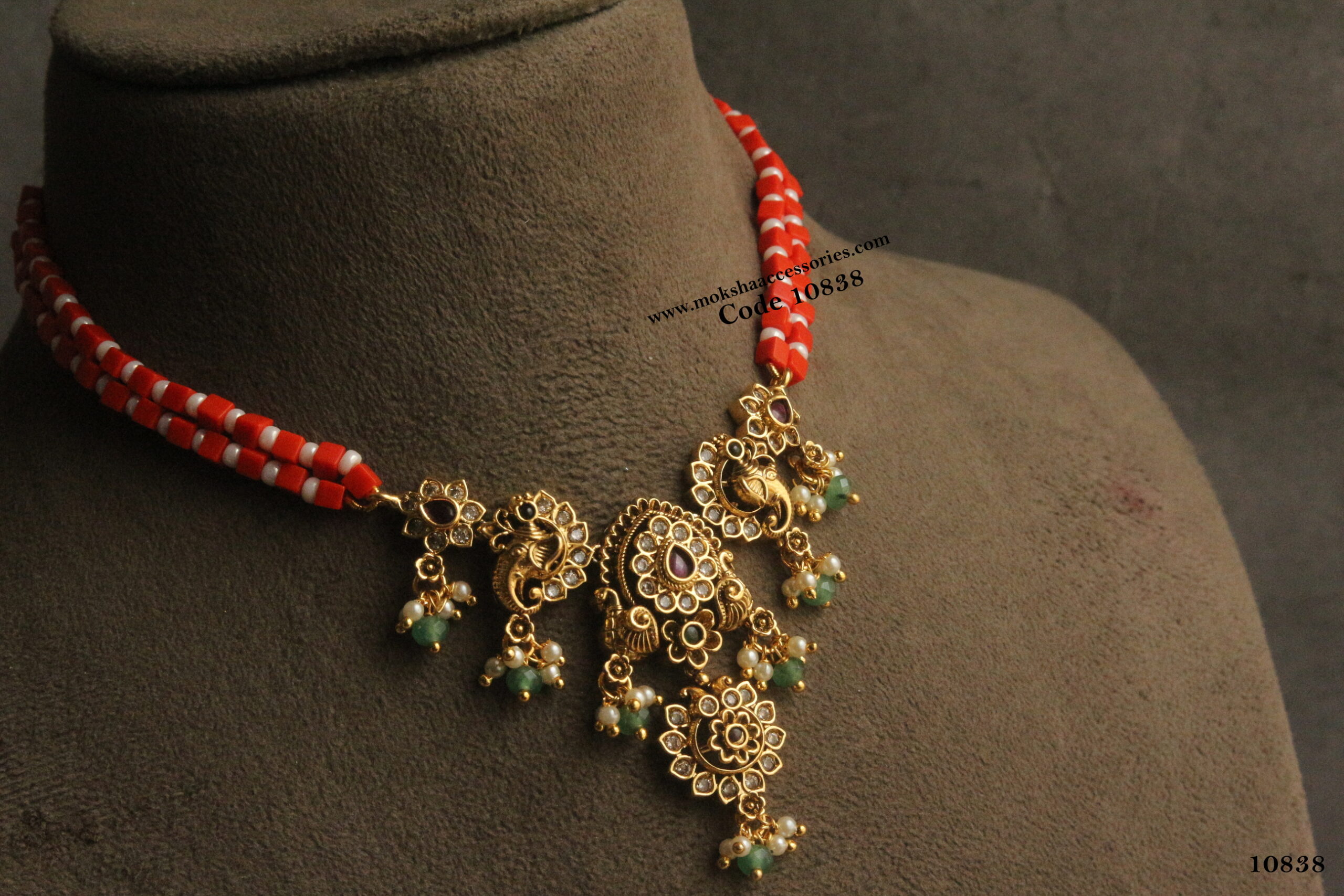 10838-scaled-1.jpg Nakshi Pendant with Coral Square Beads and Swarovski Pearls - Image 1