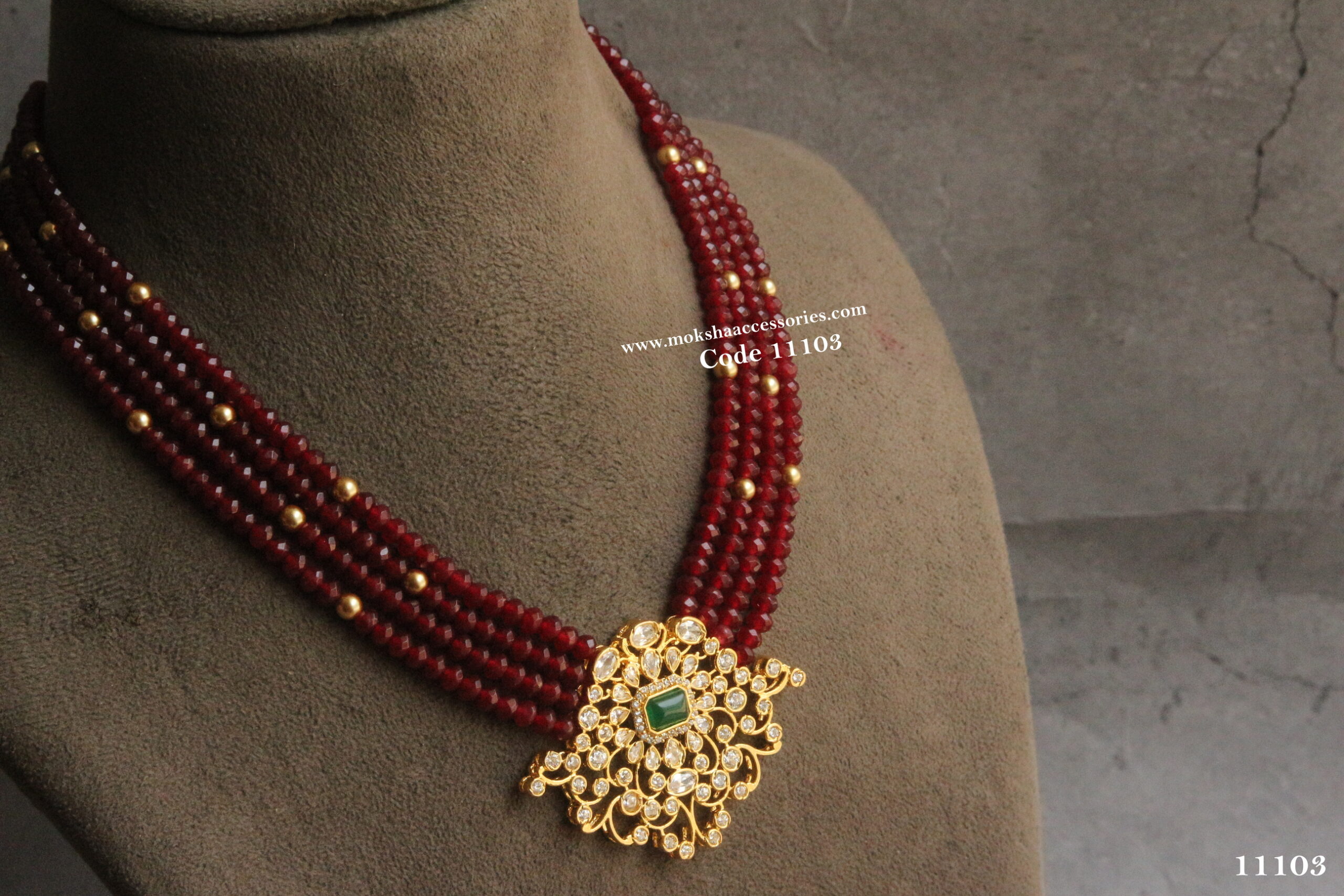 11103-scaled-1.jpg CZ Pendant with Emerald Beads and Swarovski Gold Swarovski Pearls - Image 1