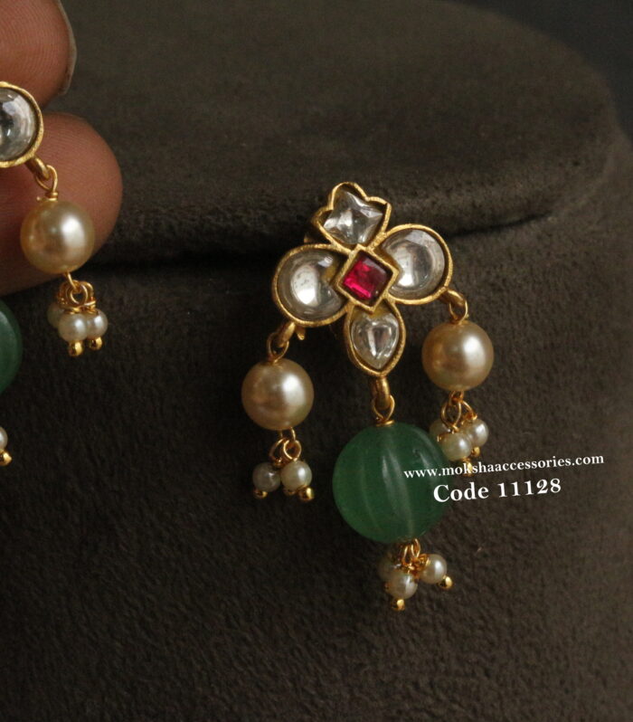 Jadaukundan screw back earrings with pumpkin and sarvoski pearls