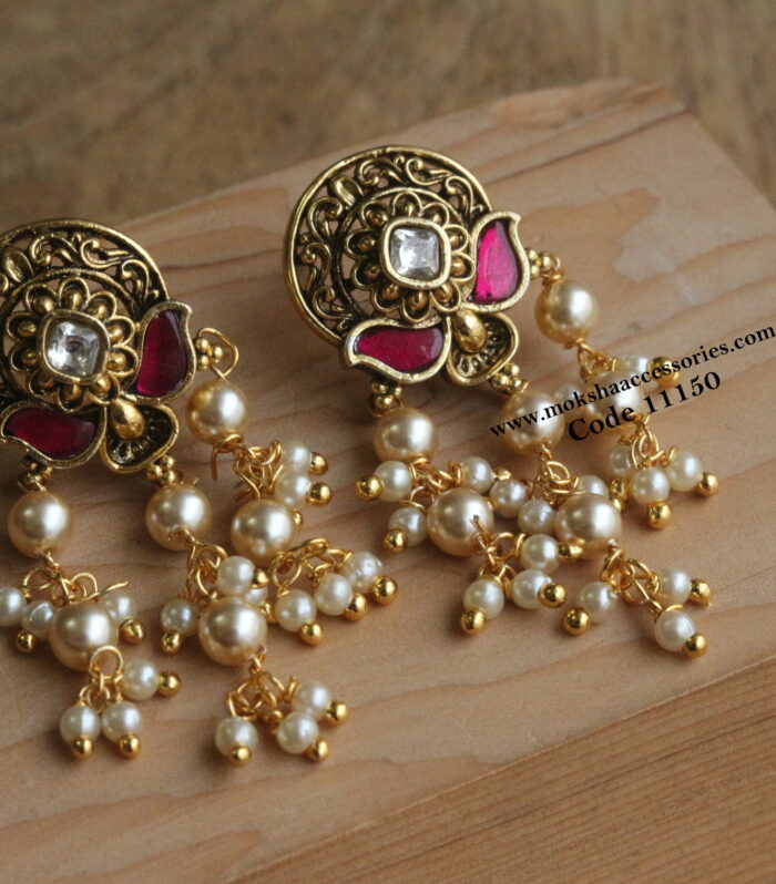 Jadaukundan nakshi earrings with sarvoski pearl drops