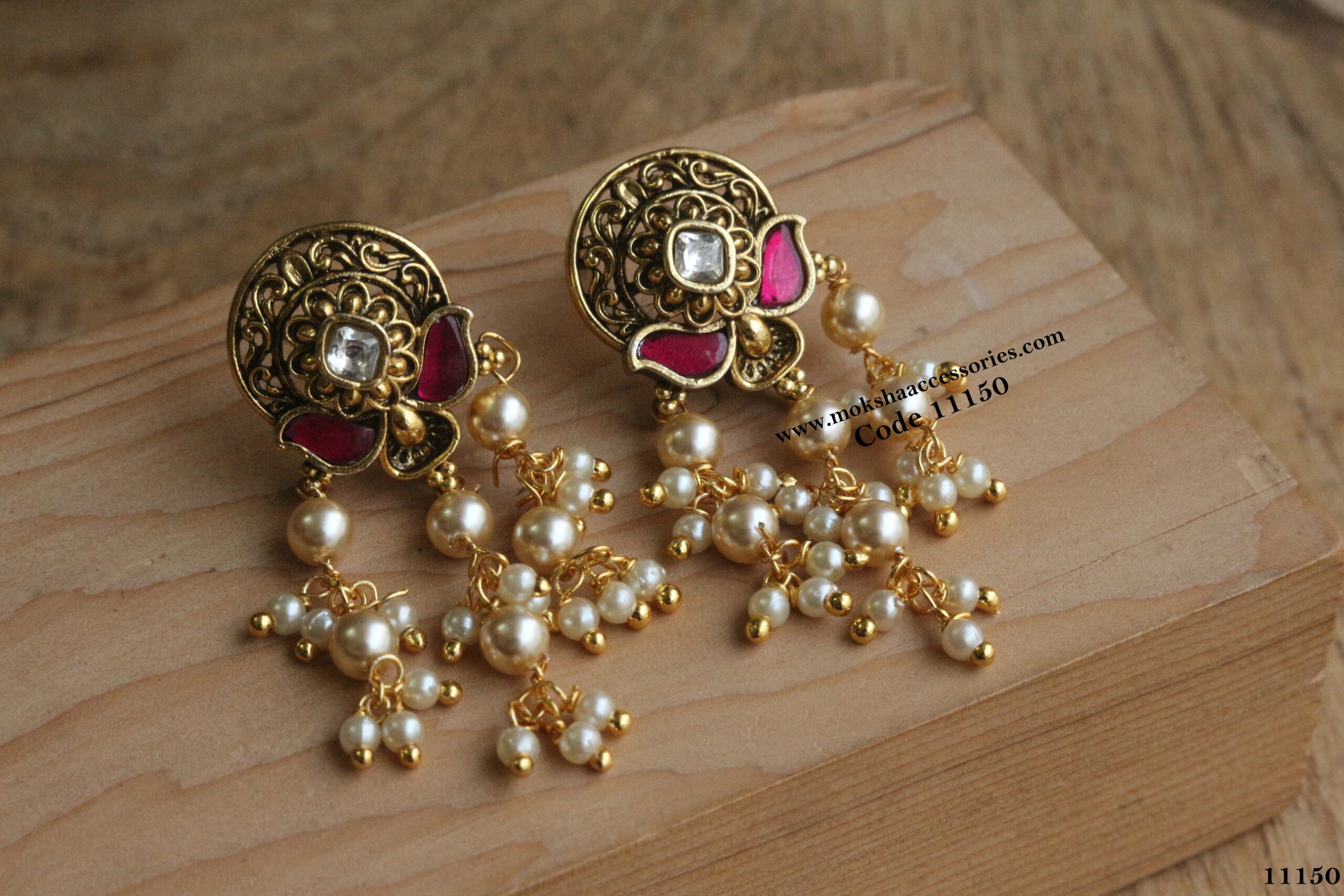 11150-scaled-1.jpg Jadaukundan Nakshi Earrings with Swarovski Pearl Drops - Image 1