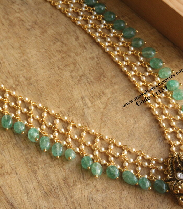 Jadaukundan pendant with sarvoski pearl jali mala and strawbery beads