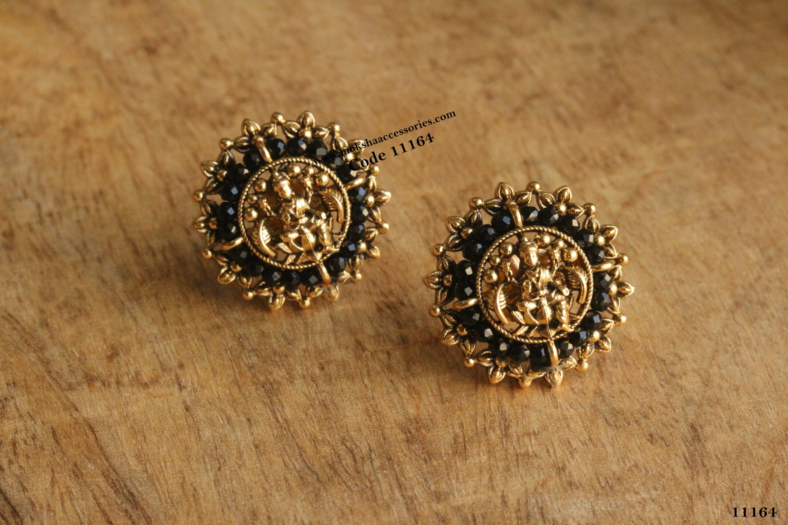 11164-scaled-1.jpg Nakshi Lakshmi Devi Studs with Black Beads - Image 1
