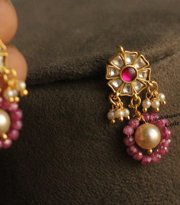 Jadaukundan earrings with real cz beads and sarvoski pearls