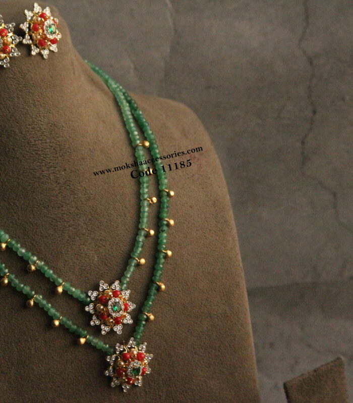 GJ pendants with emerald onyx beads, gold drops and studs