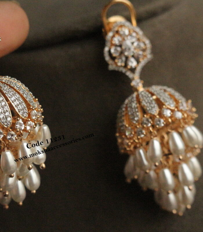 Diamond alike cz jhumki with multi steps pearl drops