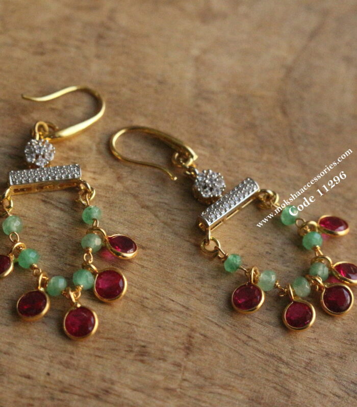CZ earrings with real emerald beads and cz ruby drops
