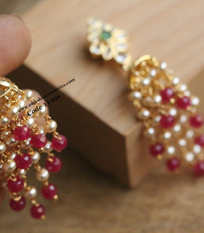 CZ jhumki with real chatam ruby and pearl chain