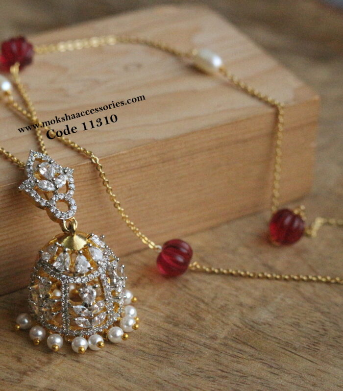 Diamond alike cz jhumki pendant with real pearls and real russian pumpkin beads chain
