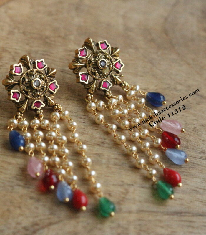 Nakshi jadaukundan earrings with pearl chain and real cz drops