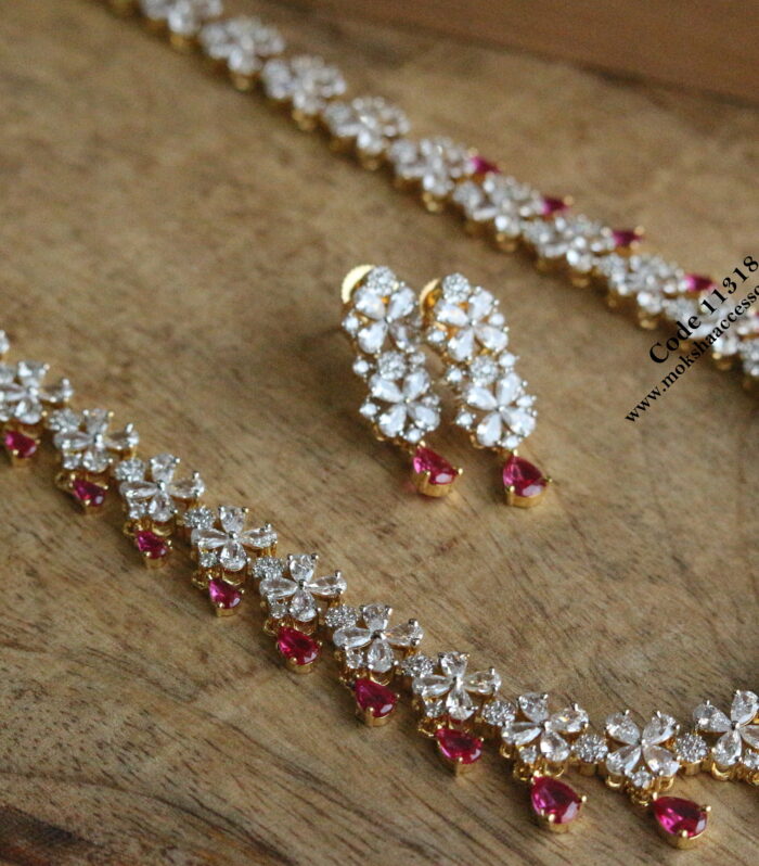 Diamond alike cz and ruby stone neckset