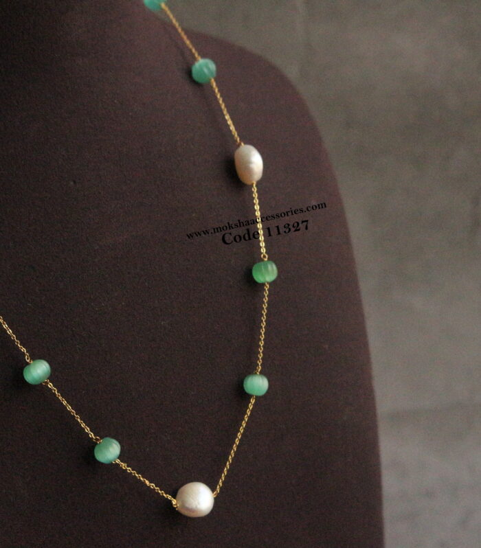 Gold chain with real pearls and real russian pumpkin beads