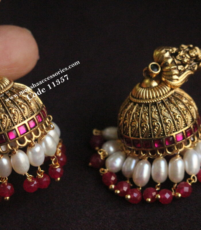 Jadaukundan nakshi jhumki with real pearls and chatam ruby beads