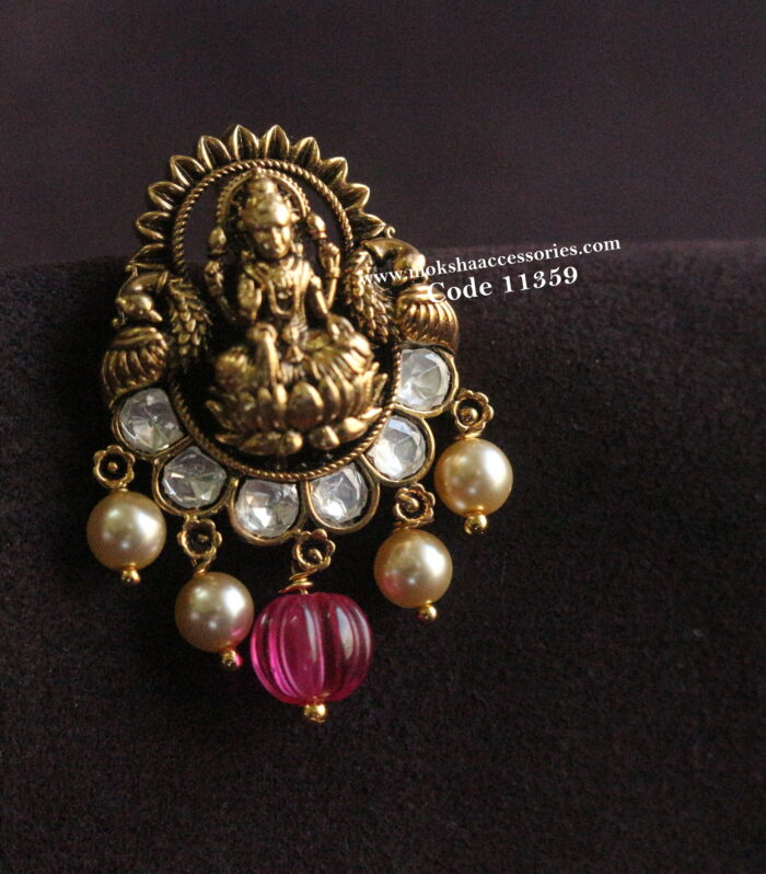 Lakshmi devi mozonite stone pendant with real russian pumpkin beads and sarvoski pearls