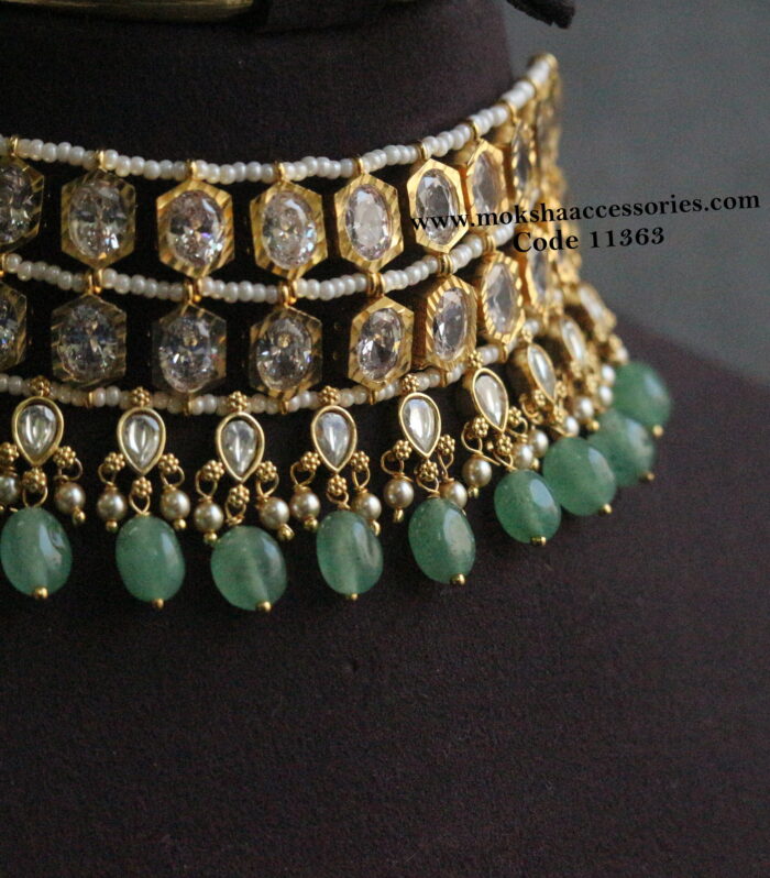 CZ and jadaukundan pearl choker with strawbery beads