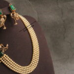 Emerald and Mozonite Stone Pendant Set with Swarovski Pearl Mala