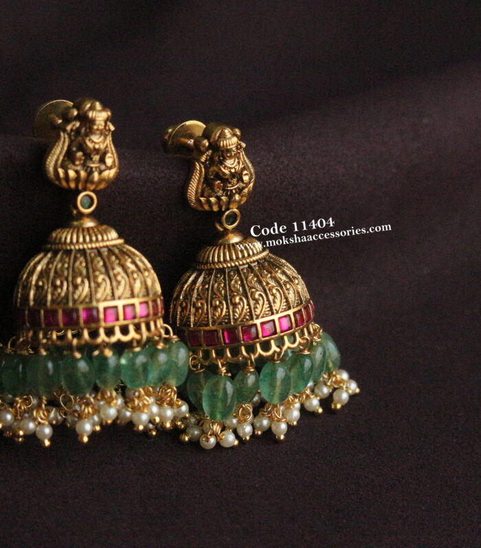 Nakshi jadaukundan jhumki with strawbery beads and pearl drops