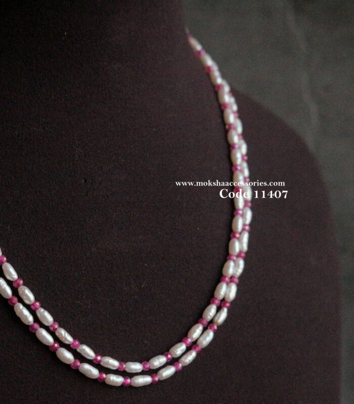 Real rice pearl mala with real cz ruby beads (16 inches)