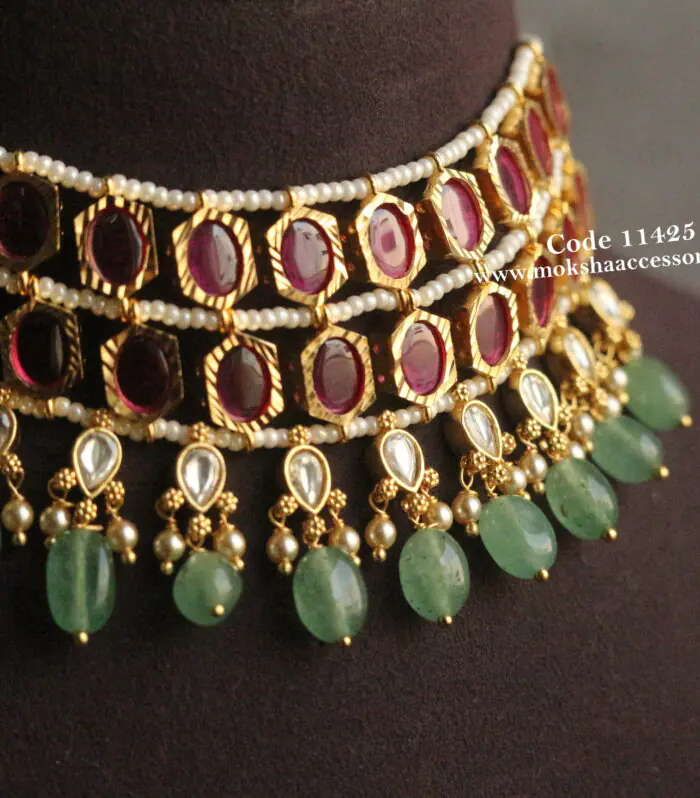 Ruby cz choker with strawbery drops and sarvoski pearls