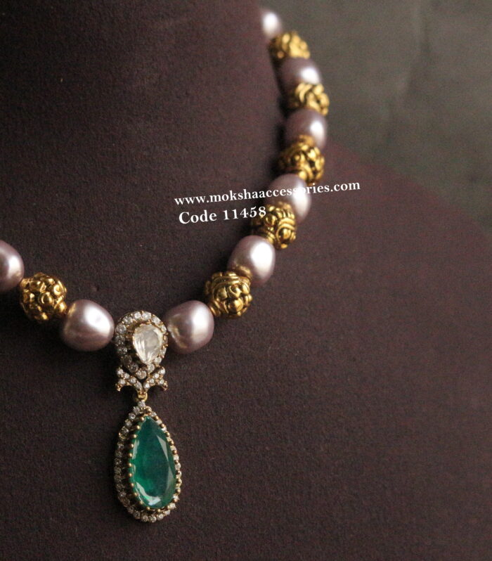 Mozonite stone pendant with fresh water pearls and nakshi balls choker