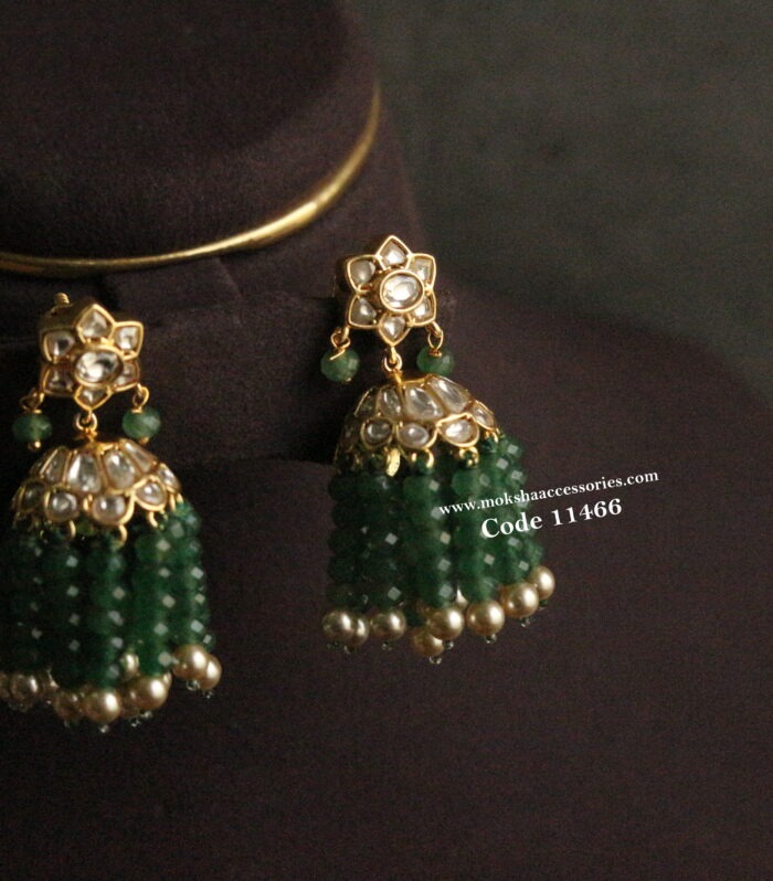 Jadaukundan jhumki with emerald beads