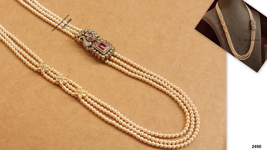 2490.jpg Swarovski Pearl Mala with Peacock and Flower Pendants - Image 1