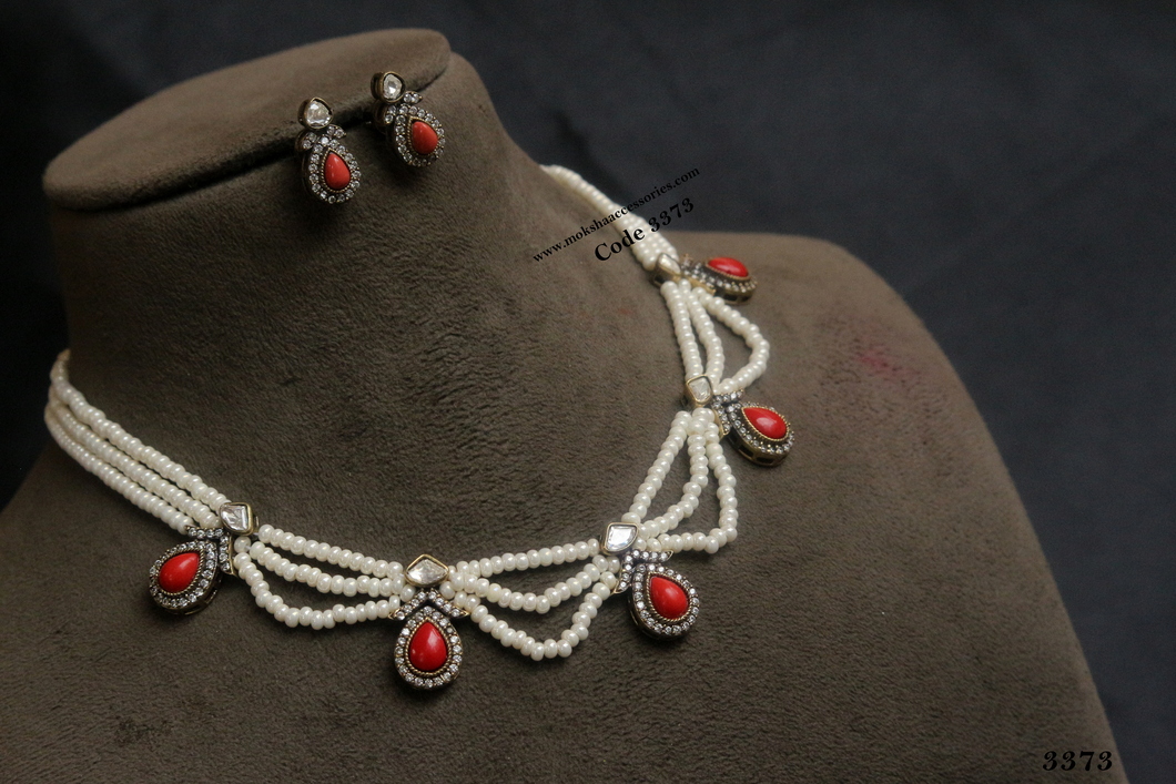 3373.jpg Coral Neckset with Pearl - Image 1