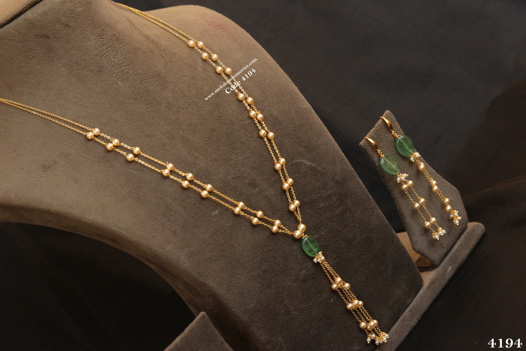 4194.jpg Real Emerald Beads with Chain and Swarovski Pearl Set - Image 1