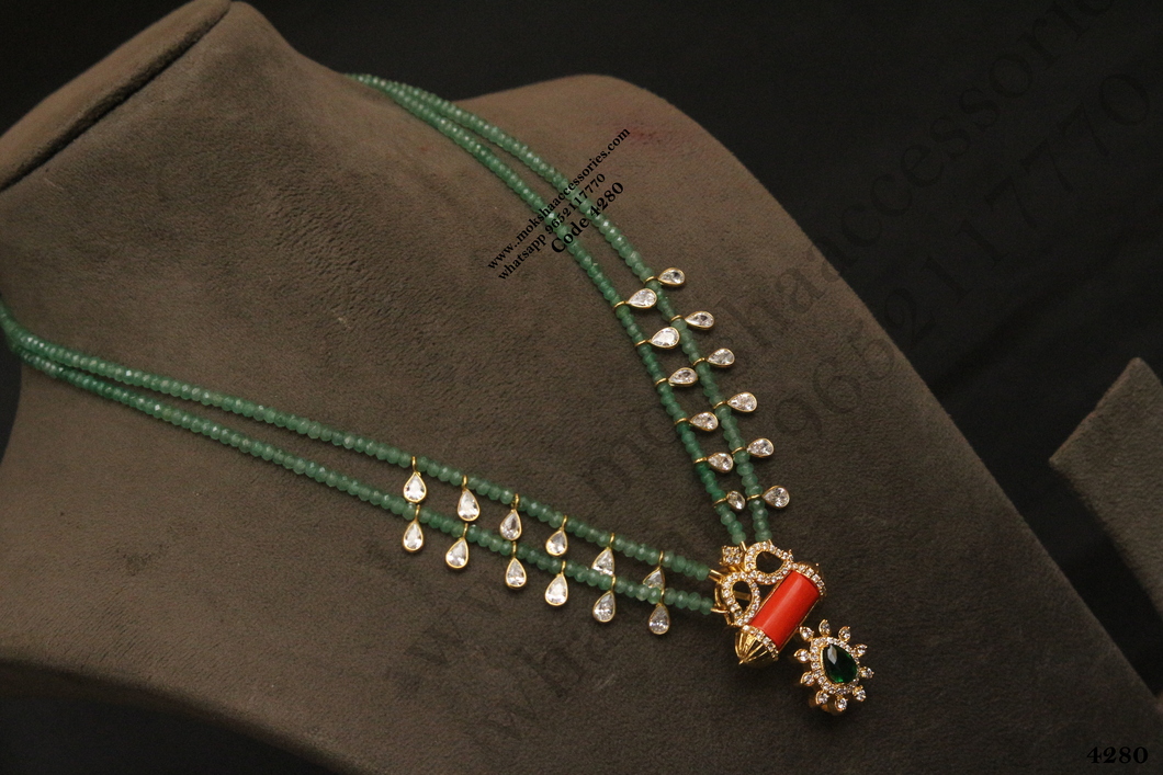 4280.jpg Coral Pendant with Emerald Beads and CZ Drops - Image 1