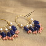 Chandbali Earrings with Blue Beads and Real Coral Beads