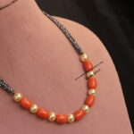 Coral , Swarovski Pearl and Black Shine Beads Mala