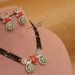 CZ Real Coral Pendant Set with Black Square Beads and Gold Balls