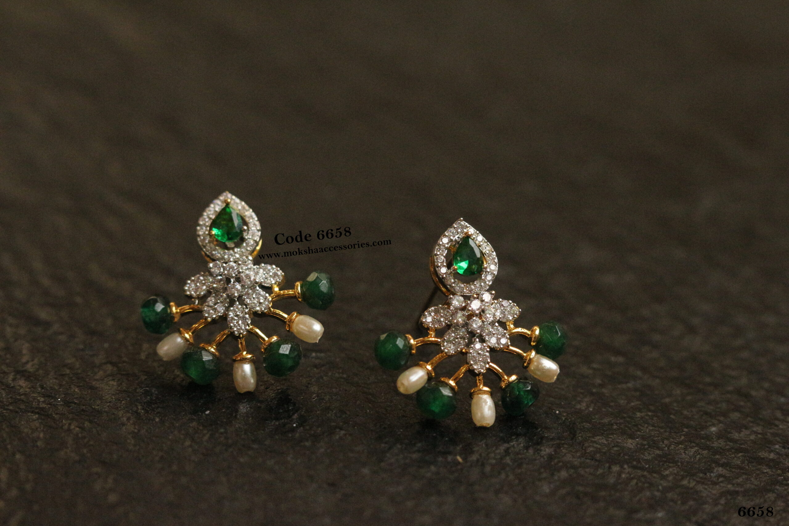 6658-scaled-1.jpg Emerald Stone CZ Studs with Emerald and Pearl Beads - Image 1