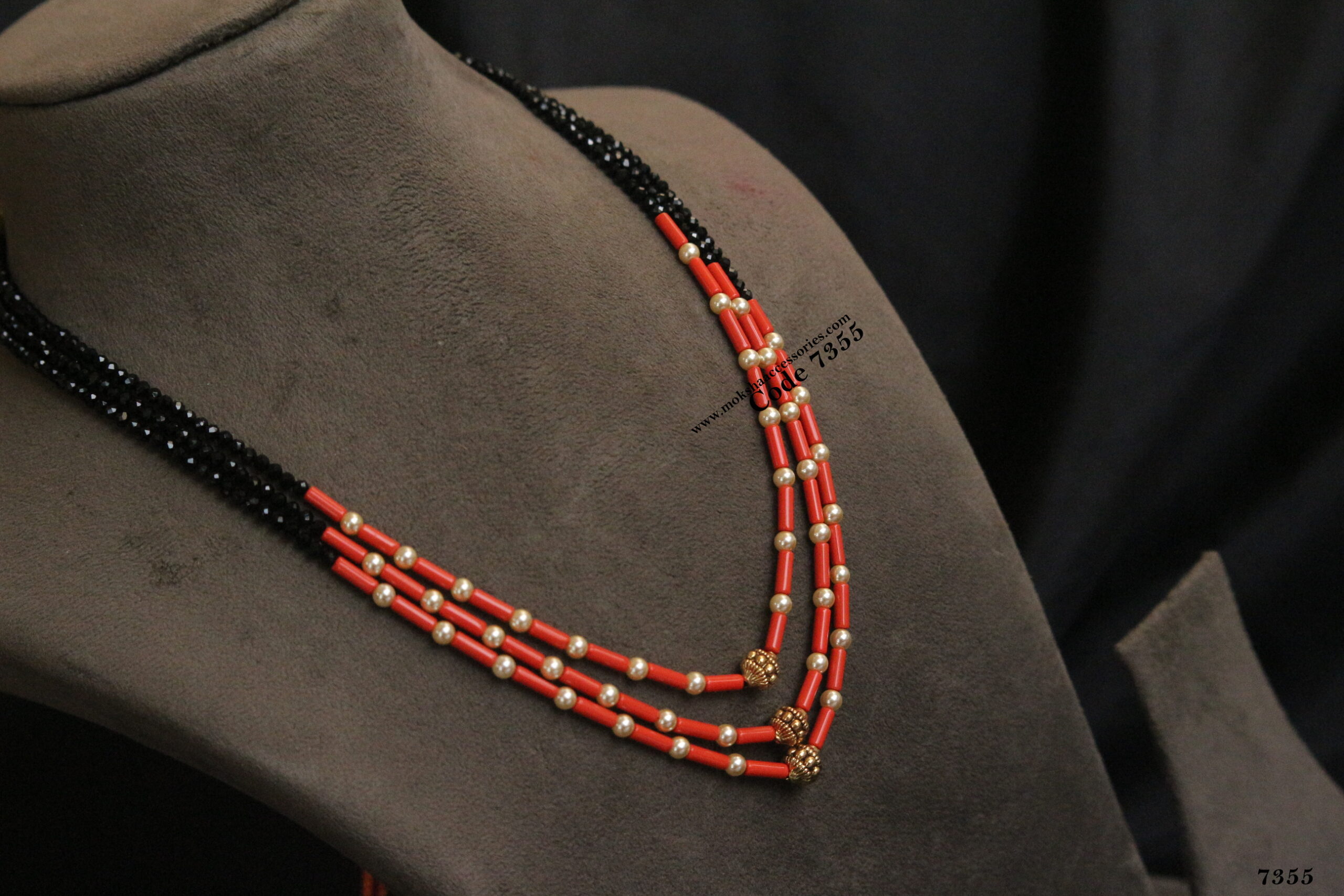 7355-scaled-1.jpg Coral Beads Mala with Antique Gold Balls and Black Beads - Image 1