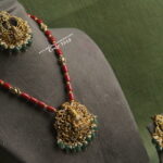 Lakshmi Devi Pendant Set with Coral and Antique Gold Balls Mala
