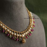 Swarovski Pearl Mala with CZ Green Drops and Ruby Beads